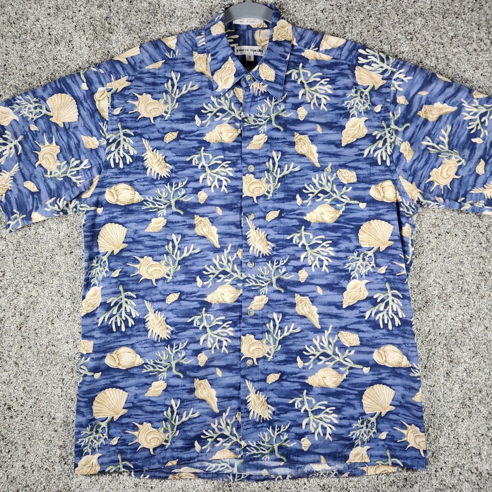 Pierre Cardin Button Down Shirt Mens M Blue Seashell Coral Short Sleeve EUC